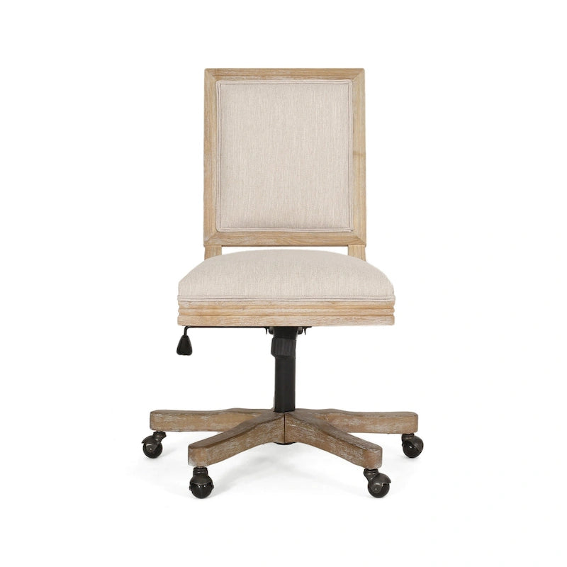 Sedia da Ufficio Girevole con Ruote, Tessuto Beige, Legno Marrone Chiaro Effetto Invecchiato