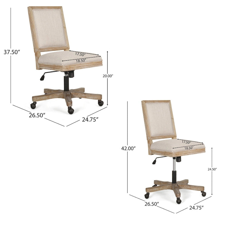 Sedia da Ufficio Girevole con Ruote, Tessuto Beige, Legno Marrone Chiaro Effetto Invecchiato