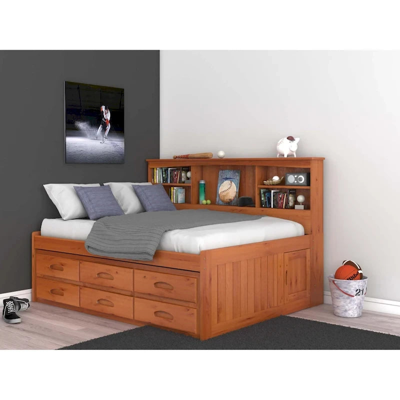 Divano-letto matrimoniale in pino massiccio con sei cassetti, color Miele Caldo