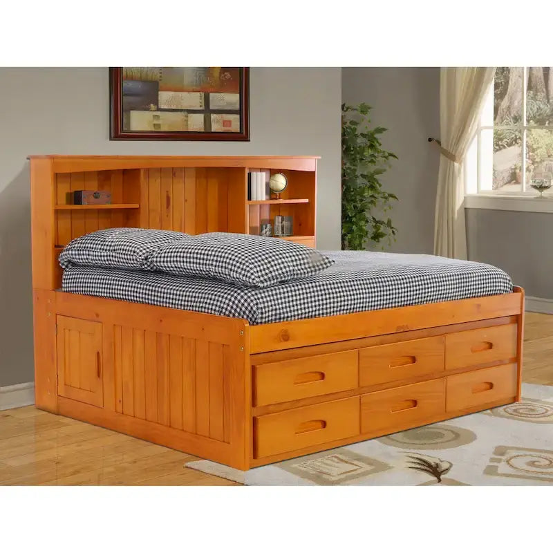Divano-letto matrimoniale in pino massiccio con sei cassetti, color Miele Caldo