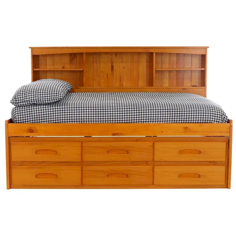 Divano-letto matrimoniale in pino massiccio con sei cassetti, color Miele Caldo