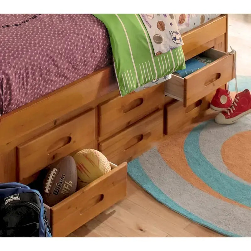 Divano-letto matrimoniale in pino massiccio con sei cassetti, color Miele Caldo