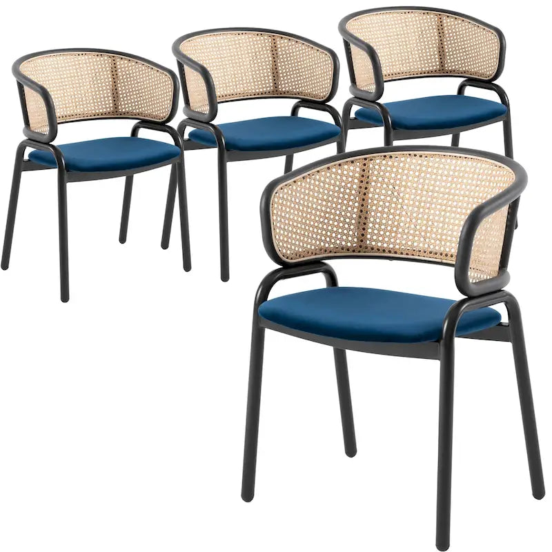 Sedia da pranzo moderna con schienale in vimini e seduta in velluto, set di 4 poltroncine