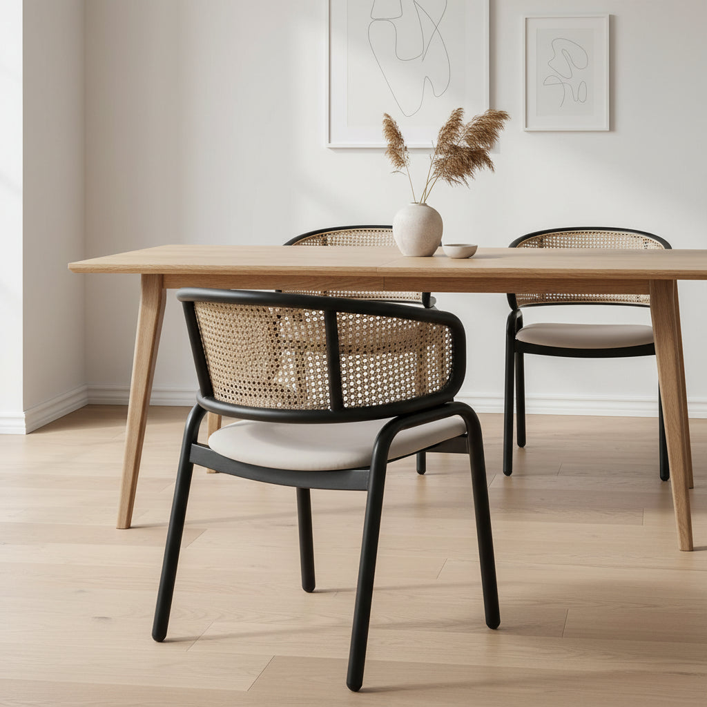 Sedia da pranzo moderna con schienale in vimini e seduta in velluto, set di 4 poltroncine