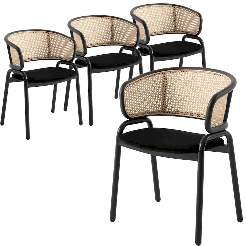 Sedia da pranzo moderna con schienale in vimini e seduta in velluto, set di 4 poltroncine