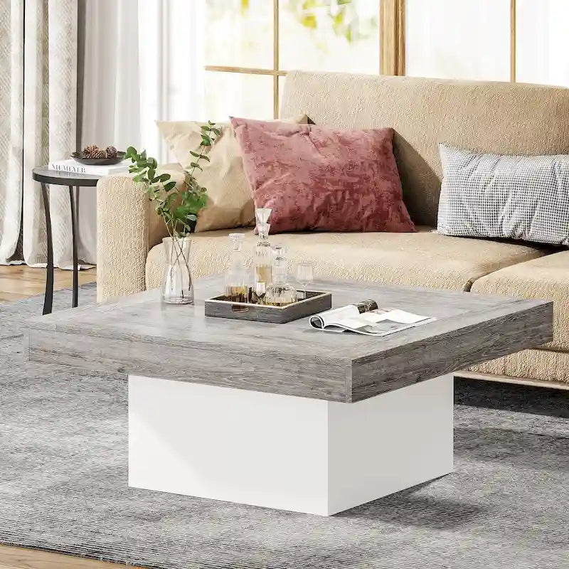 Tavolino da caffè quadrato con LED stile rustico, in legno composito, per soggiorno