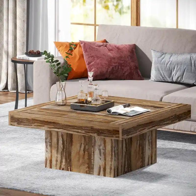 Tavolino da caffè quadrato con LED stile rustico, in legno composito, per soggiorno