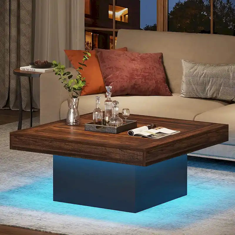 Tavolino da caffè quadrato con LED stile rustico, in legno composito, per soggiorno