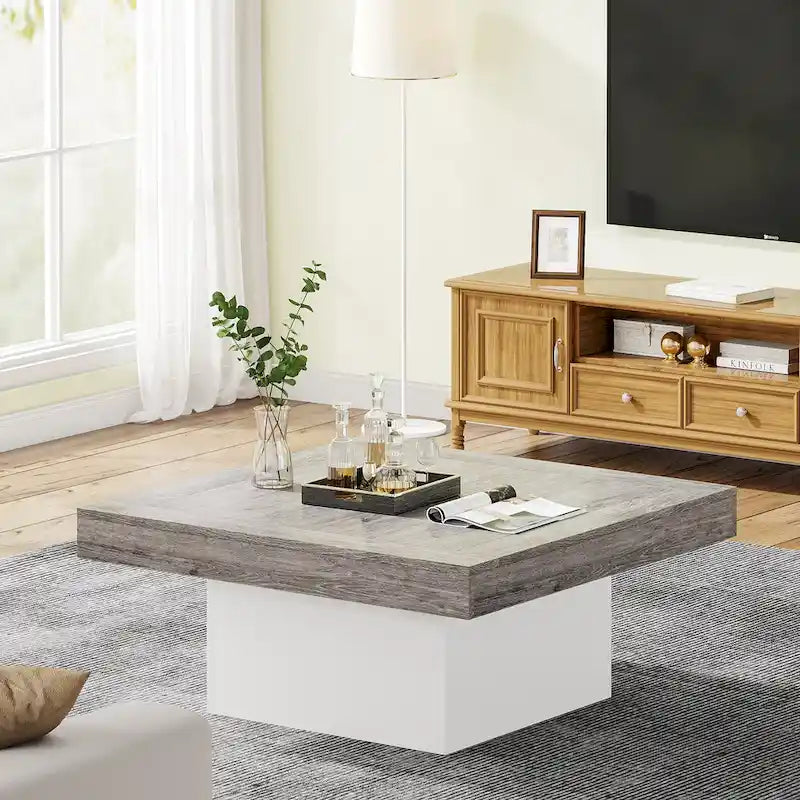 Tavolino da caffè quadrato con LED stile rustico, in legno composito, per soggiorno