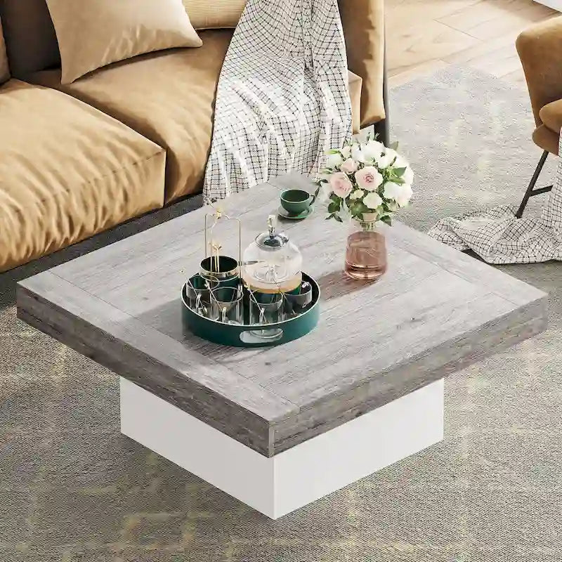 Tavolino da caffè quadrato con LED stile rustico, in legno composito, per soggiorno