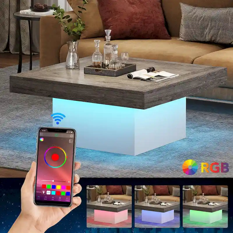Tavolino da caffè quadrato con LED stile rustico, in legno composito, per soggiorno