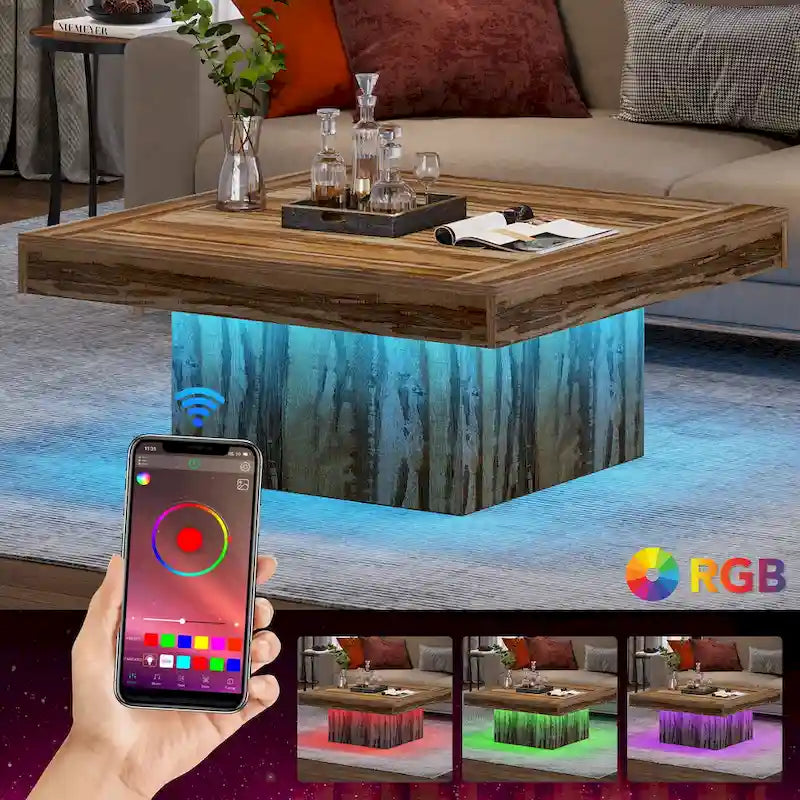 Tavolino da caffè quadrato con LED stile rustico, in legno composito, per soggiorno