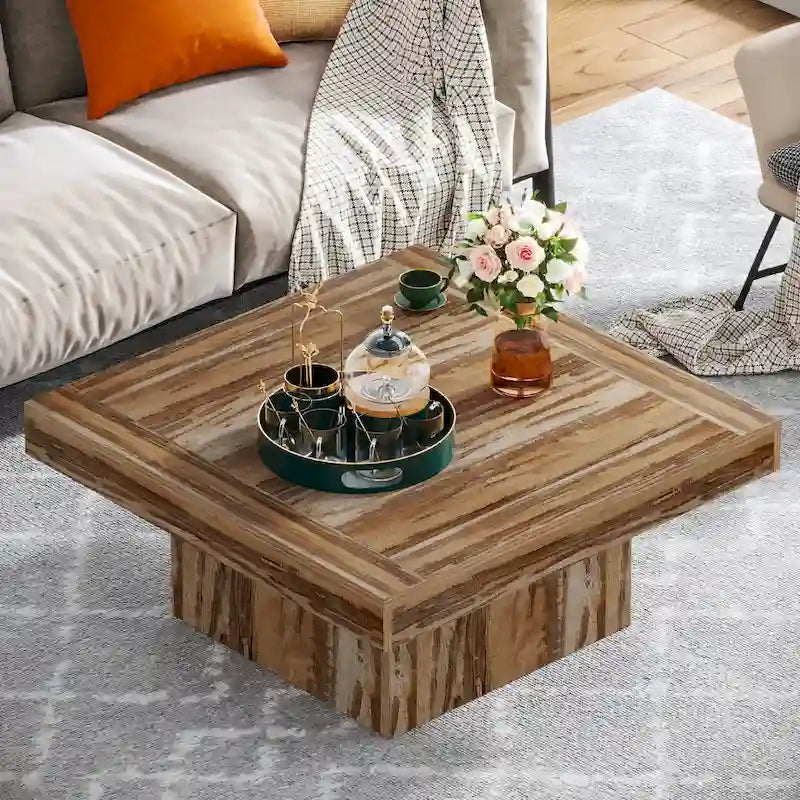 Tavolino da caffè quadrato con LED stile rustico, in legno composito, per soggiorno