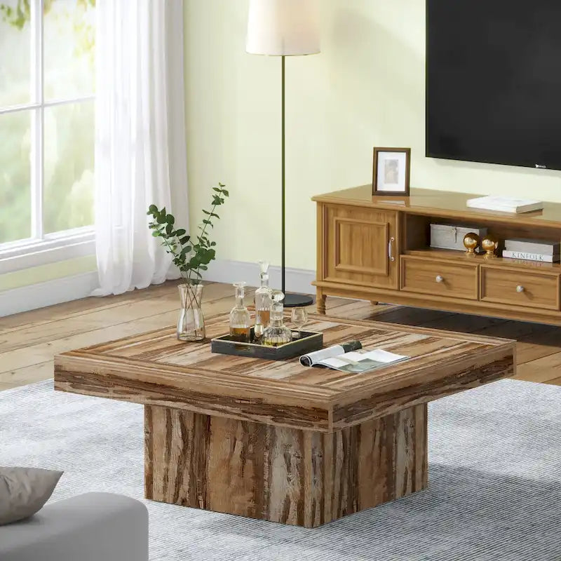 Tavolino da caffè quadrato con LED stile rustico, in legno composito, per soggiorno