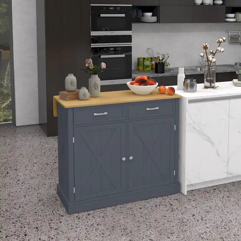 Isola da cucina su ruote con barra per la colazione a ribalta e 2 cassetti grigio scuro