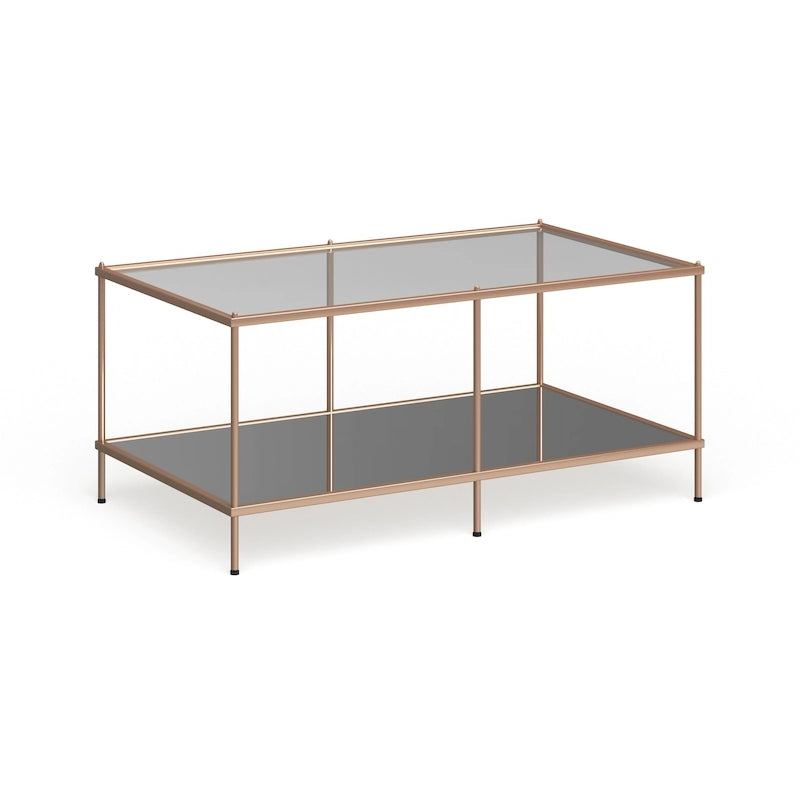 Tavolino rettangolare color oro con piano in vetro e ripiano inferiore