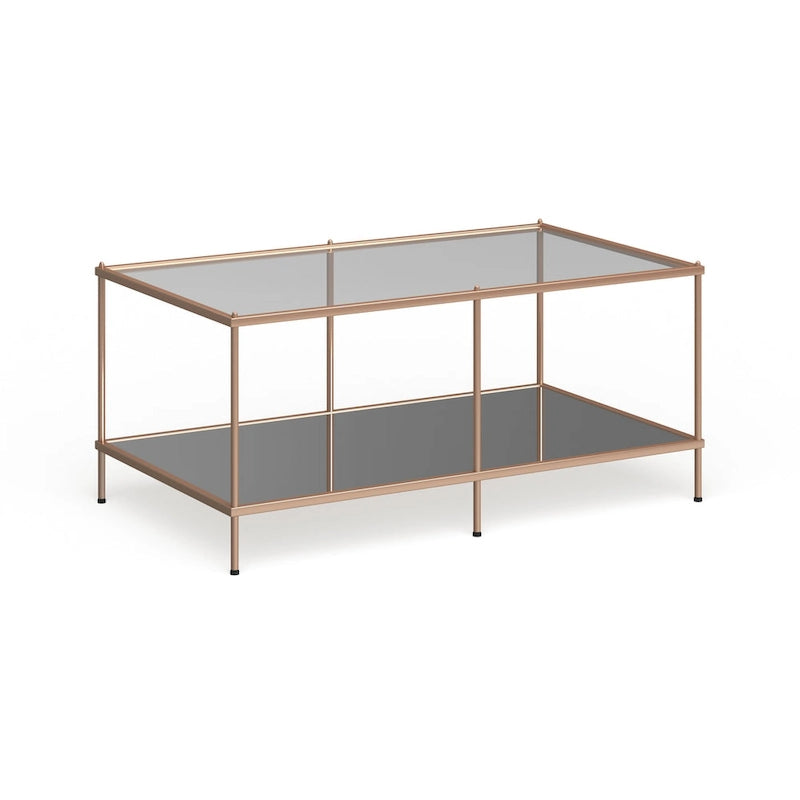 Tavolino rettangolare color oro con piano in vetro e ripiano inferiore