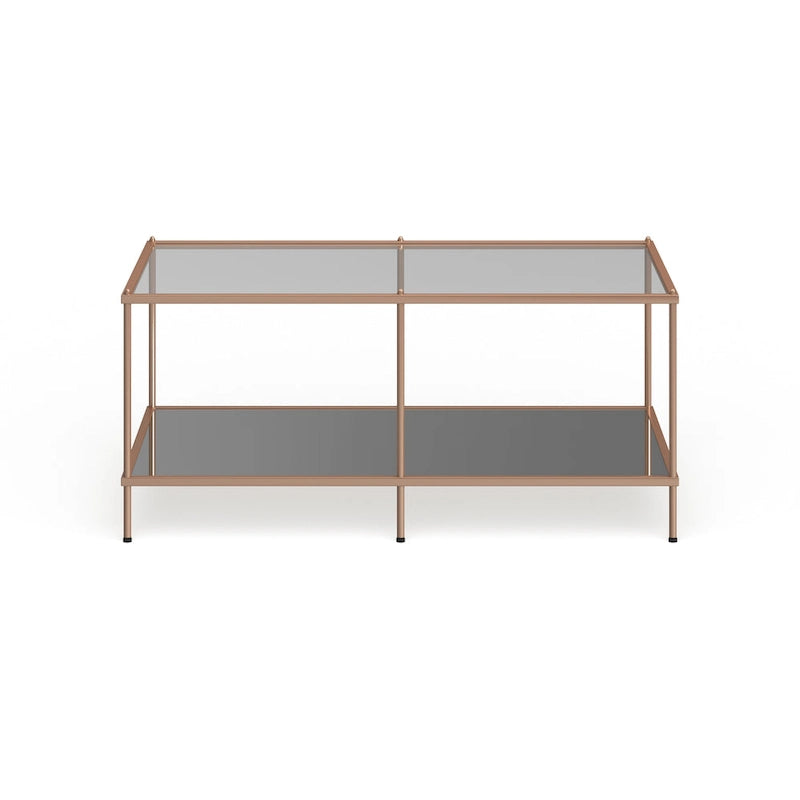 Tavolino rettangolare color oro con piano in vetro e ripiano inferiore