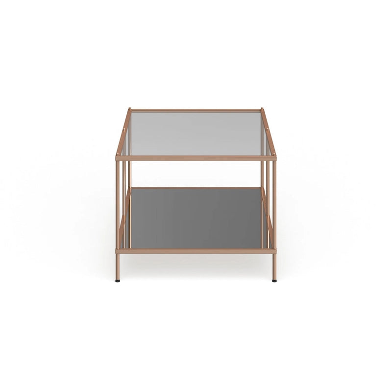 Tavolino rettangolare color oro con piano in vetro e ripiano inferiore