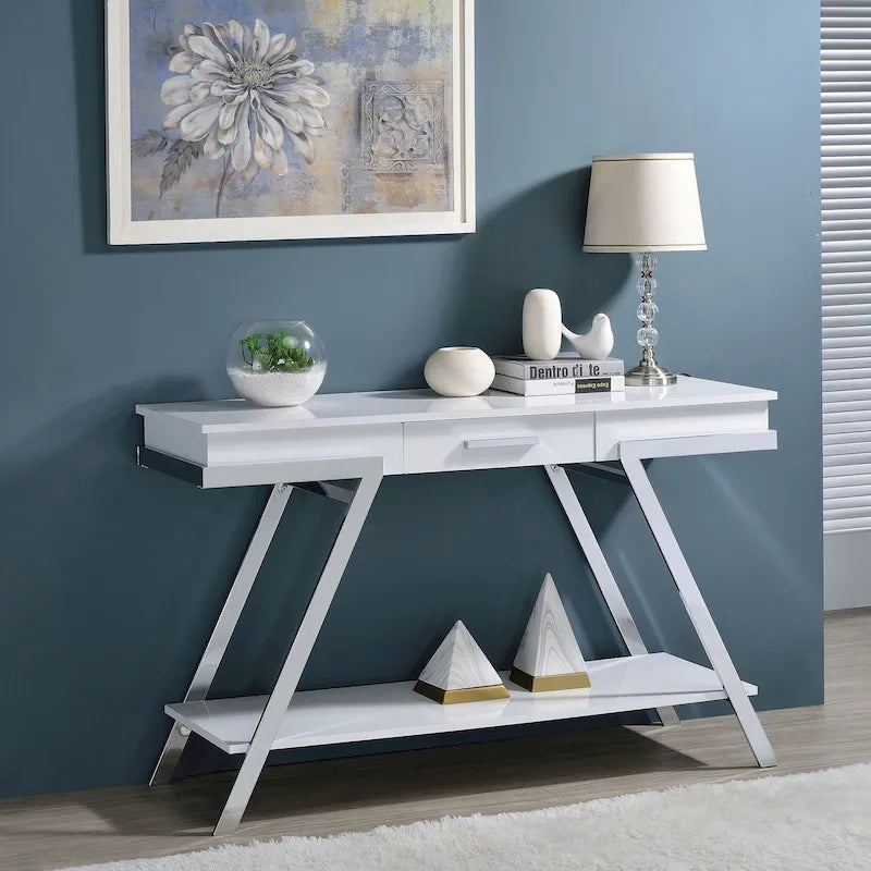 Consolle da divano moderna bianca in acciaio da 122 cm con 1 cassetto e ripiano