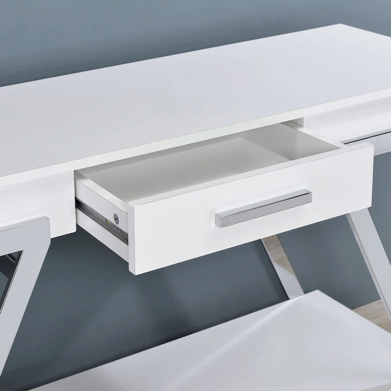 Consolle da divano moderna bianca in acciaio da 122 cm con 1 cassetto e ripiano