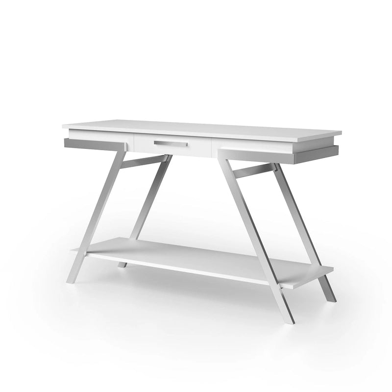 Consolle da divano moderna bianca in acciaio da 122 cm con 1 cassetto e ripiano