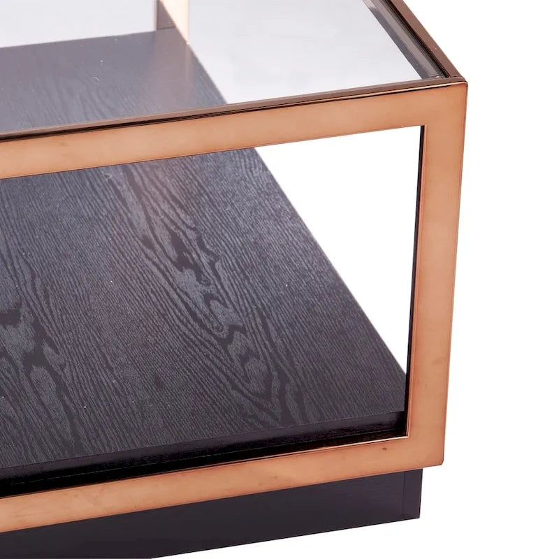 Tavolino da Caffè Quadrato Metallico di Transizione con Piano in Vetro e Ripiano di Base in Legno