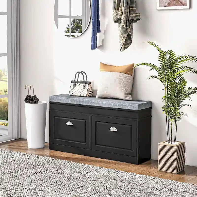 Panca scarpiera da ingresso con cuscino, 2 cassetti e ripiano regolabile, colore bianco