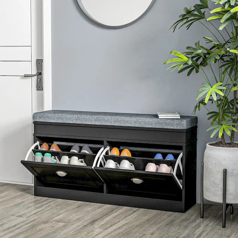 Panca scarpiera da ingresso con cuscino, 2 cassetti e ripiano regolabile, colore bianco