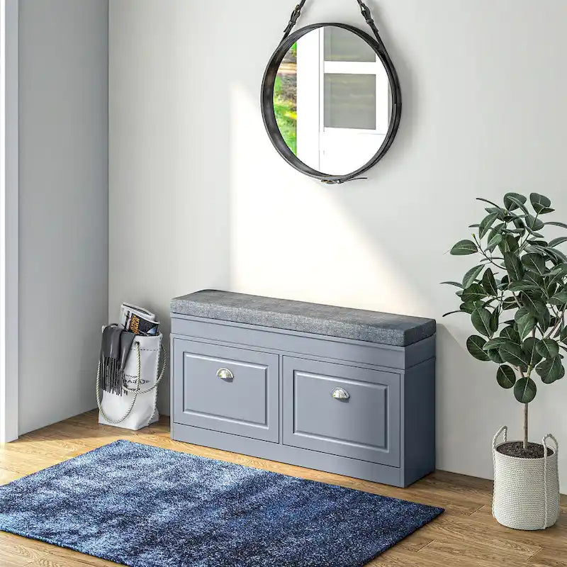 Panca scarpiera da ingresso con cuscino, 2 cassetti e ripiano regolabile, colore bianco