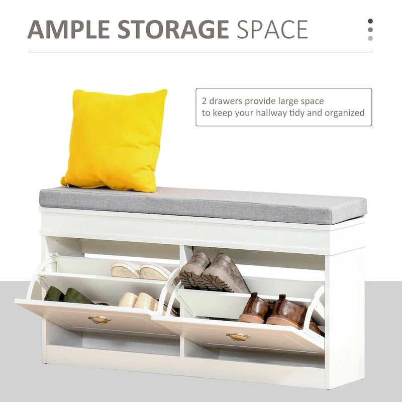 Panca scarpiera da ingresso con cuscino, 2 cassetti e ripiano regolabile, colore bianco