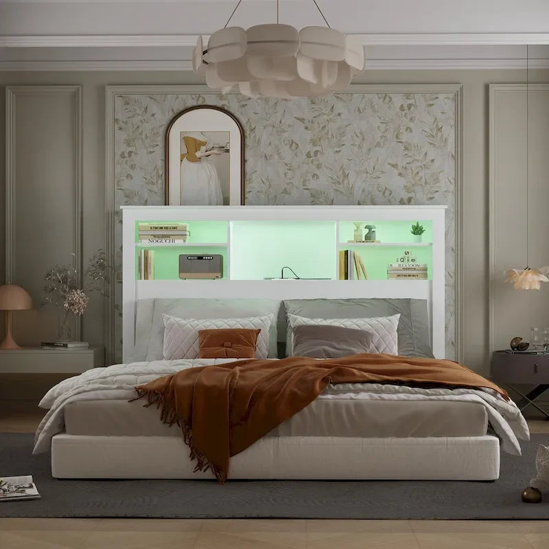 Testiera libreria Timechee Queen con luce RGB e ripiano regolabile