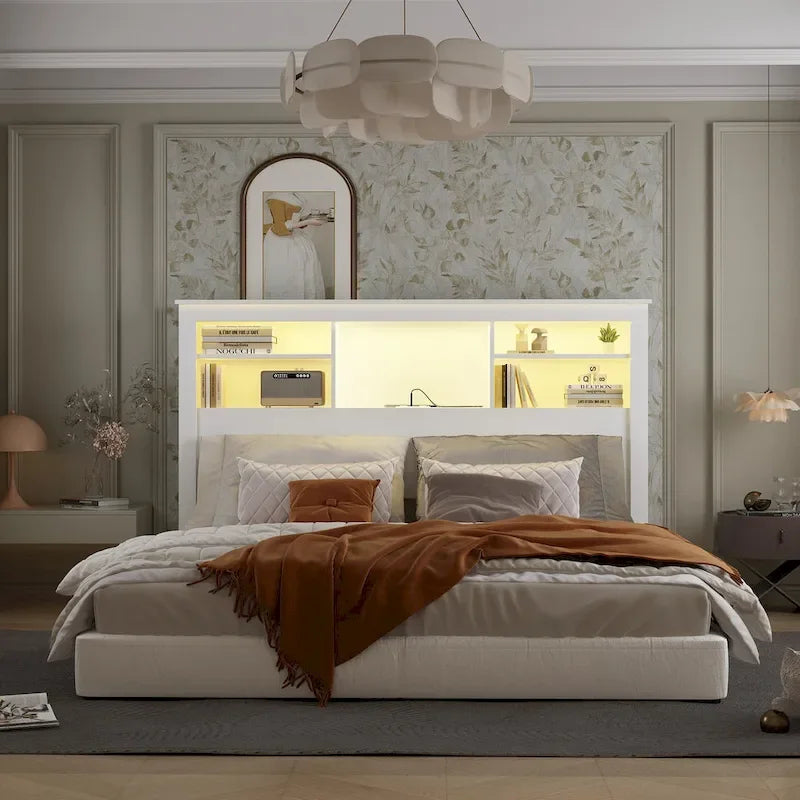 Testiera libreria Timechee Queen con luce RGB e ripiano regolabile