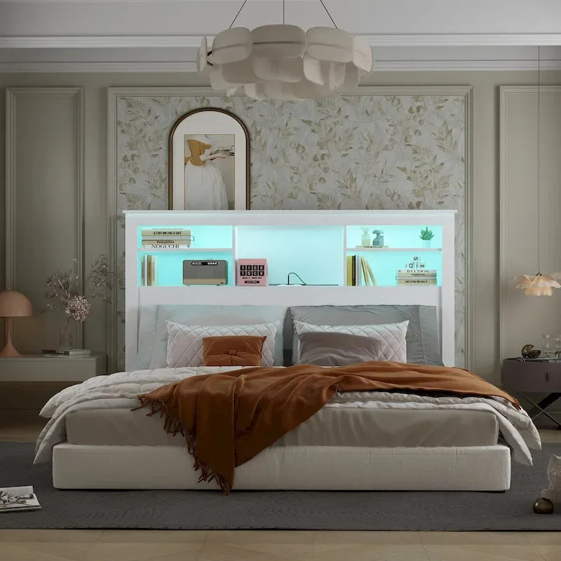Testiera libreria Timechee Queen con luce RGB e ripiano regolabile