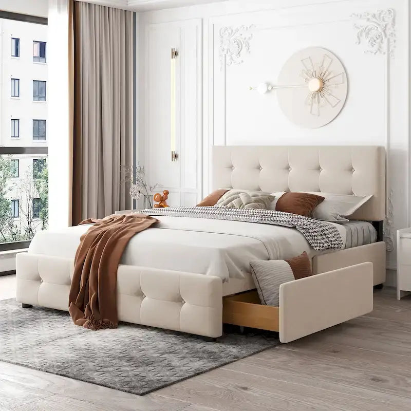 Letto Queen imbottito con testiera classica e 4 cassetti, nessuna base a molle necessaria, tessuto in lino