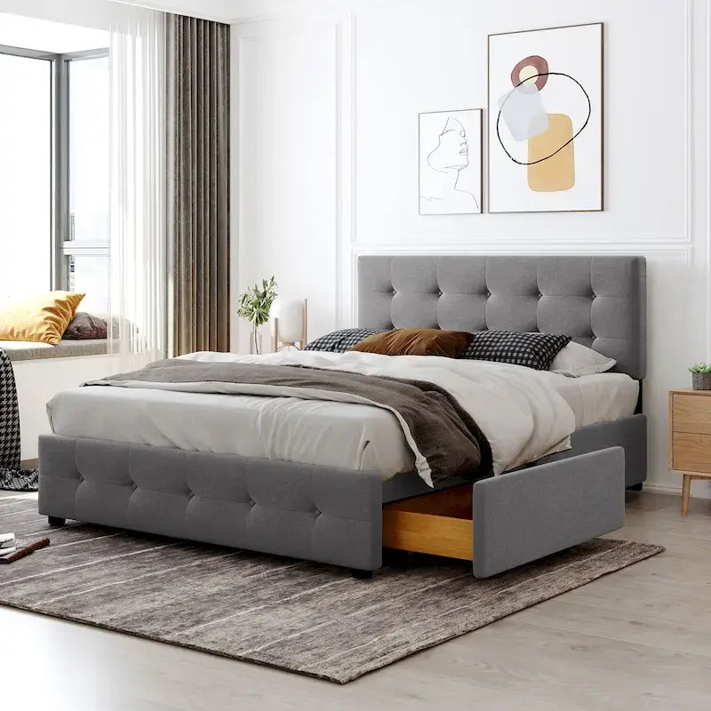 Letto Queen imbottito con testiera classica e 4 cassetti, nessuna base a molle necessaria, tessuto in lino