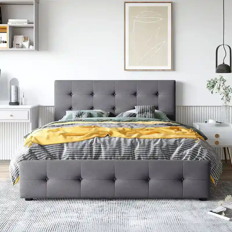 Letto Queen imbottito con testiera classica e 4 cassetti, nessuna base a molle necessaria, tessuto in lino