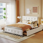 Letto Queen imbottito con testiera classica e 4 cassetti, nessuna base a molle necessaria, tessuto in lino