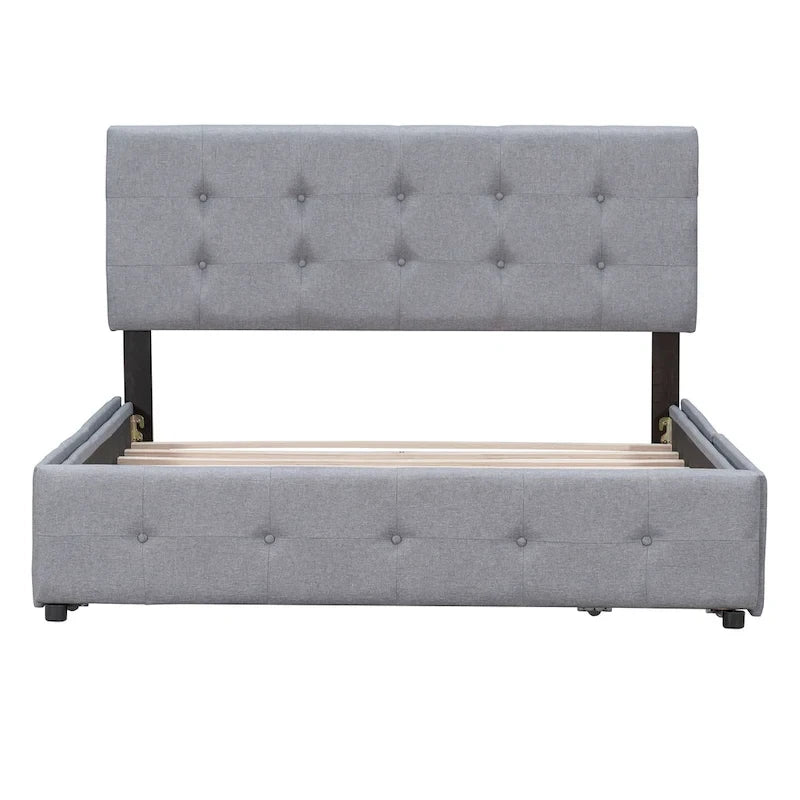 Letto Queen imbottito con testiera classica e 4 cassetti, nessuna base a molle necessaria, tessuto in lino