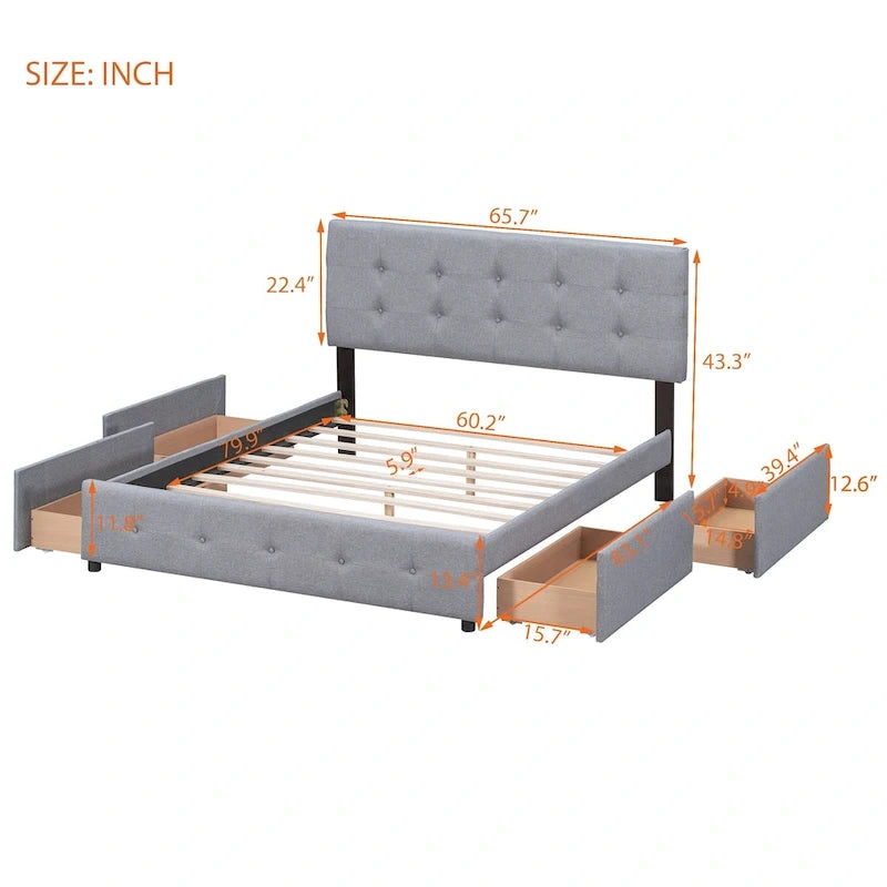 Letto Queen imbottito con testiera classica e 4 cassetti, nessuna base a molle necessaria, tessuto in lino