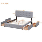 Letto Queen imbottito con testiera classica e 4 cassetti, nessuna base a molle necessaria, tessuto in lino