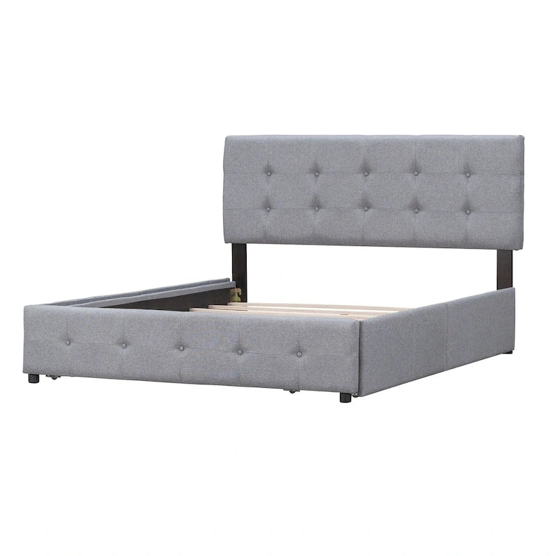 Letto Queen imbottito con testiera classica e 4 cassetti, nessuna base a molle necessaria, tessuto in lino