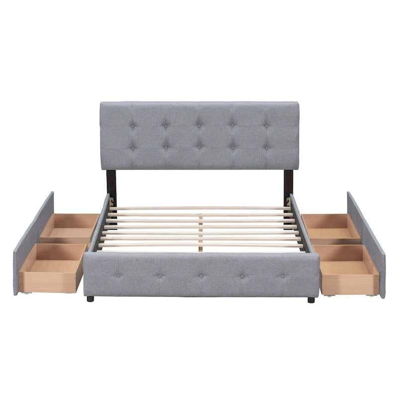 Letto Queen imbottito con testiera classica e 4 cassetti, nessuna base a molle necessaria, tessuto in lino