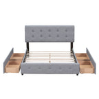 Letto Queen imbottito con testiera classica e 4 cassetti, nessuna base a molle necessaria, tessuto in lino