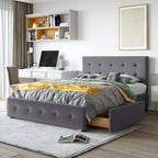 Letto Queen imbottito con testiera classica e 4 cassetti, nessuna base a molle necessaria, tessuto in lino