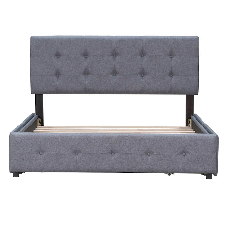 Letto Queen imbottito con testiera classica e 4 cassetti, nessuna base a molle necessaria, tessuto in lino