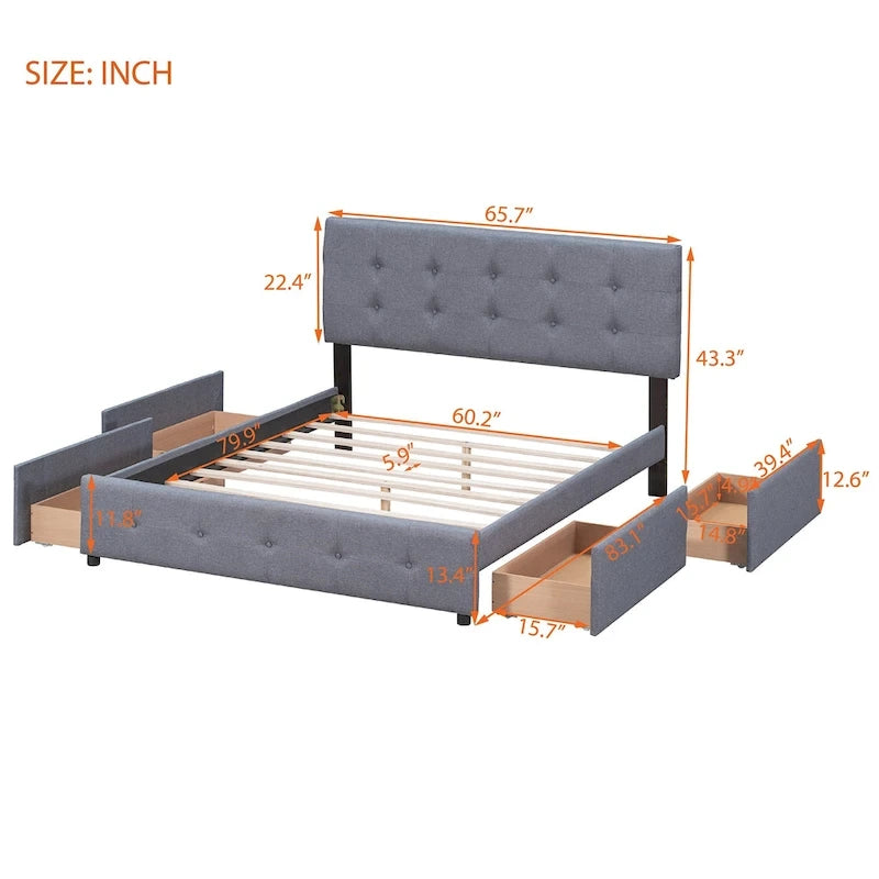 Letto Queen imbottito con testiera classica e 4 cassetti, nessuna base a molle necessaria, tessuto in lino
