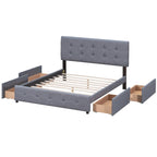 Letto Queen imbottito con testiera classica e 4 cassetti, nessuna base a molle necessaria, tessuto in lino