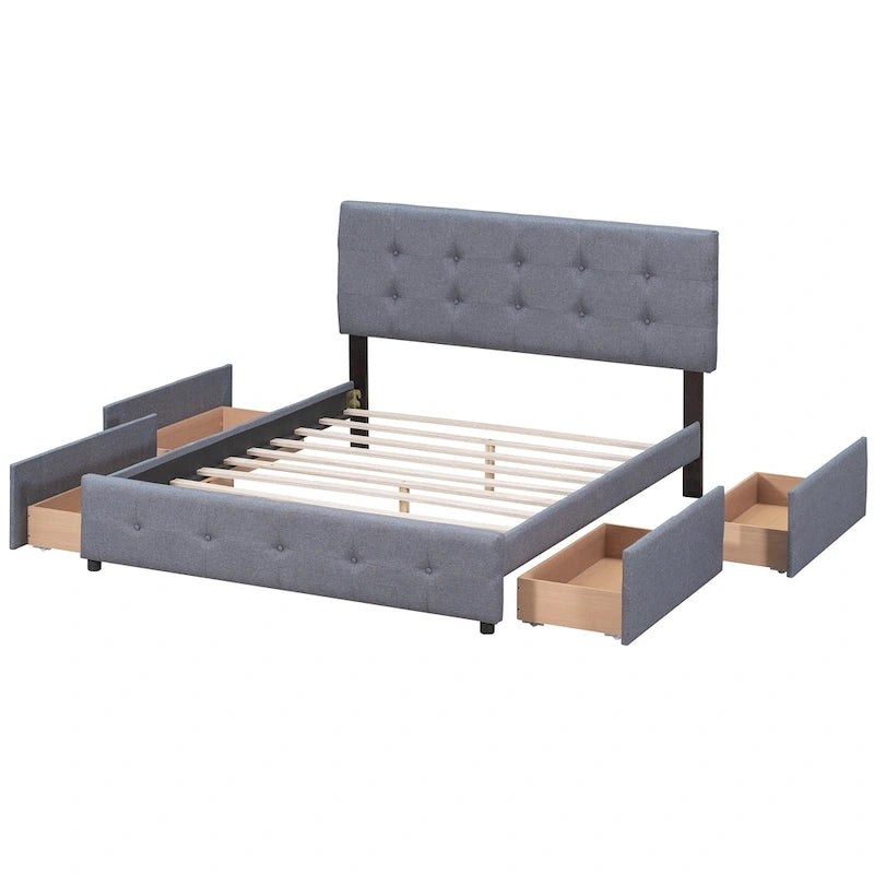 Letto Queen imbottito con testiera classica e 4 cassetti, nessuna base a molle necessaria, tessuto in lino