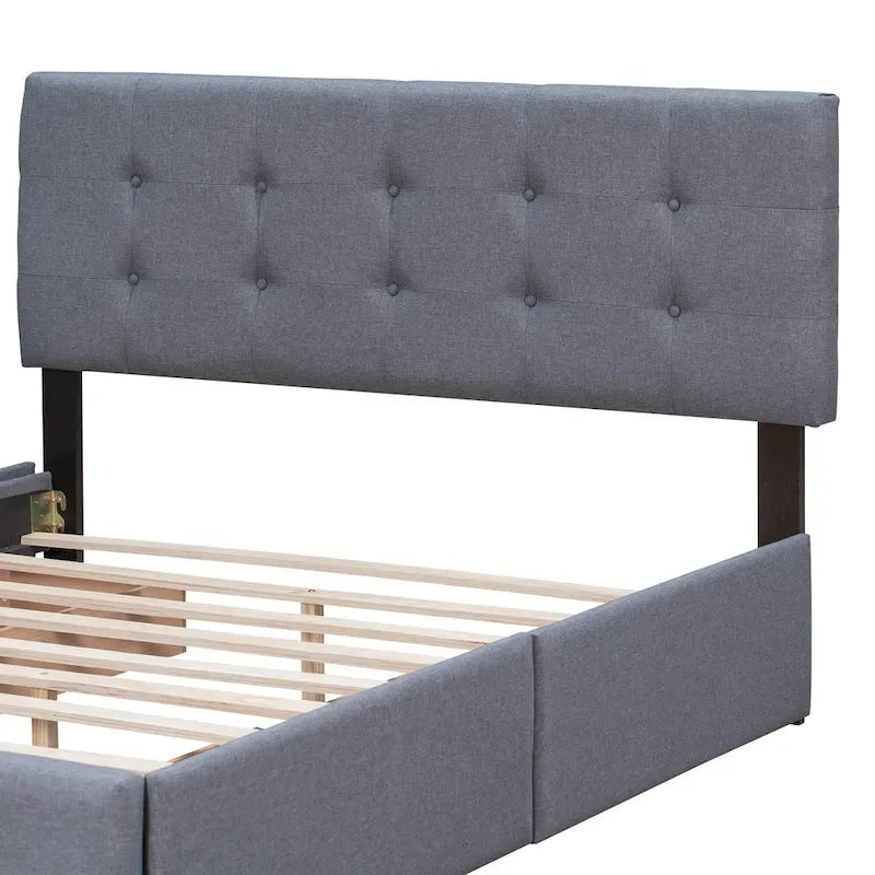 Letto Queen imbottito con testiera classica e 4 cassetti, nessuna base a molle necessaria, tessuto in lino